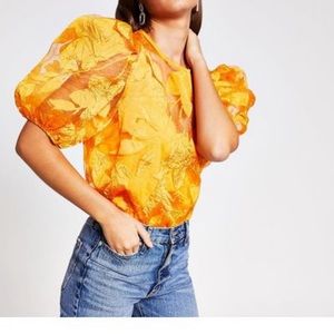 River Island Orange Organza Puff Sleeve Top